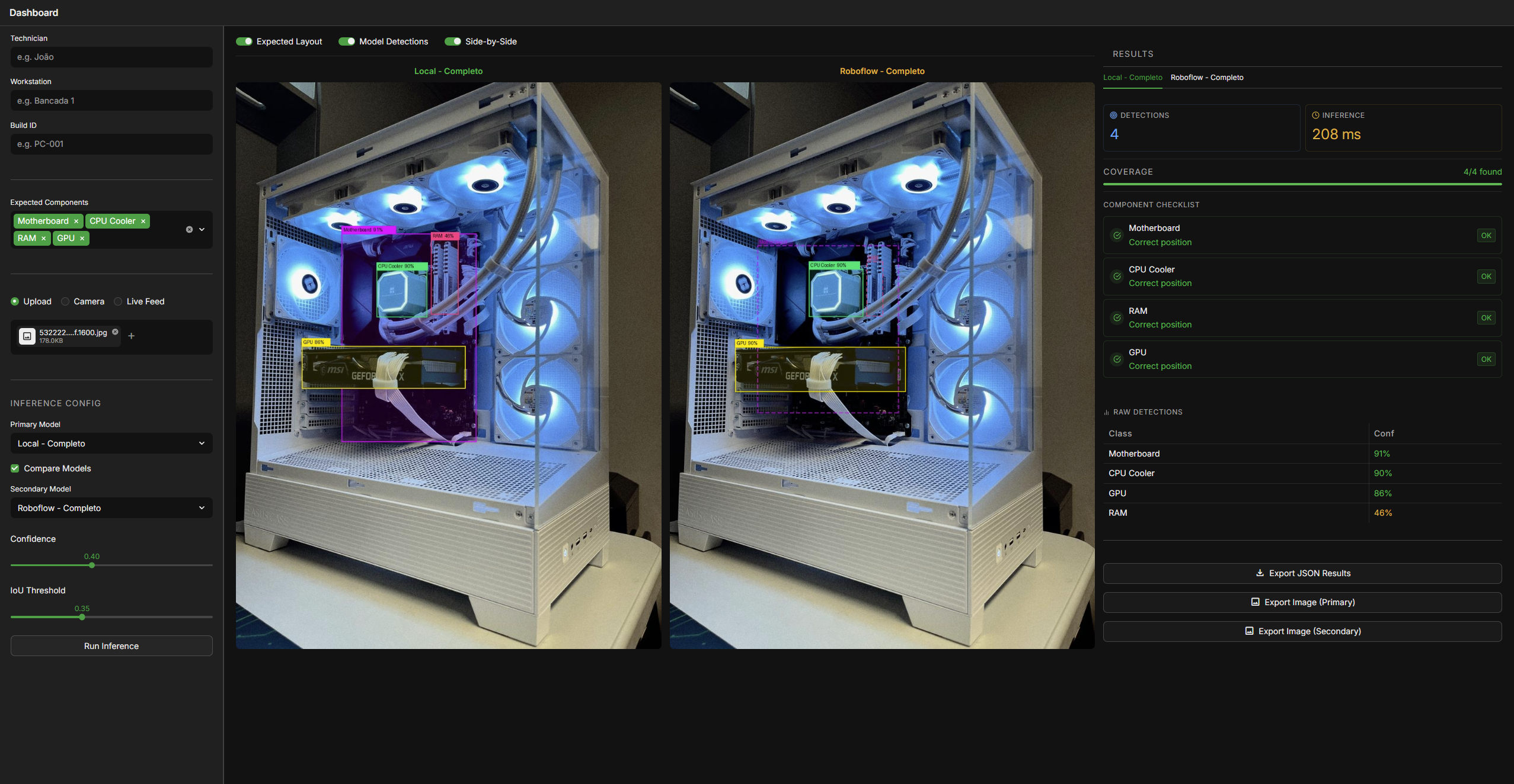 Interface de comparação lado a lado de dois modelos no Streamlit